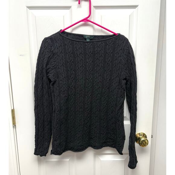 LRL Lauren Jeans Co. Black Cotton Sweater, Crew Neck, Cable Knit, Size L - Picture 1 of 4